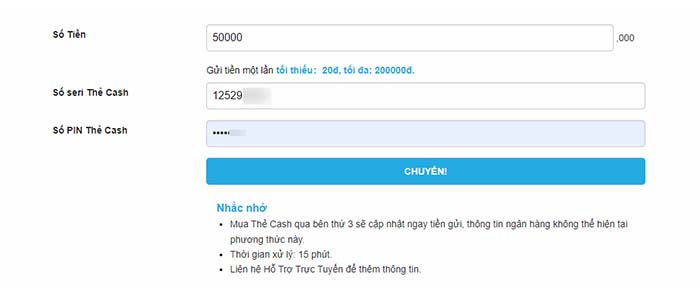 Các bước nạp tiền vào Fun88 từ Thẻ Cash